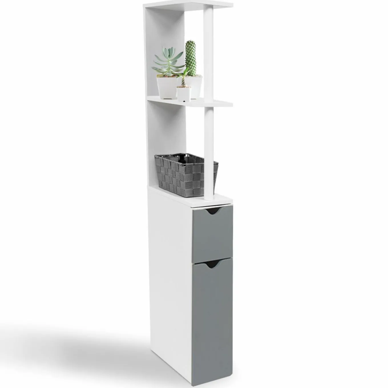 IDMarket Meuble de toilette blanc et gris avec étagères* Collection Contemporaine|Petits Meubles