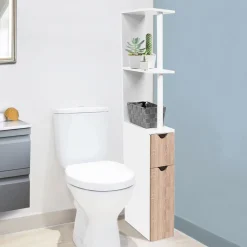 IDMarket Meuble de toilette blanc et hêtre avec étagères* Meubles Blancs|Collection Contemporaine