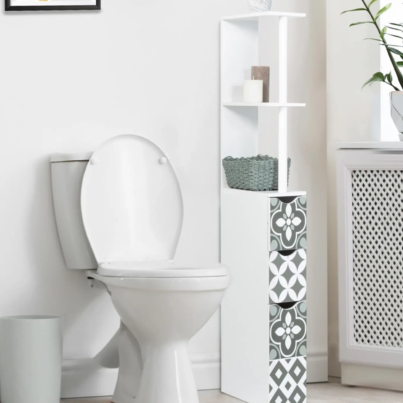IDMarket Meuble de toilette blanc et gris motif carreaux de ciment 3 portes* Meubles Blancs|Collection Contemporaine