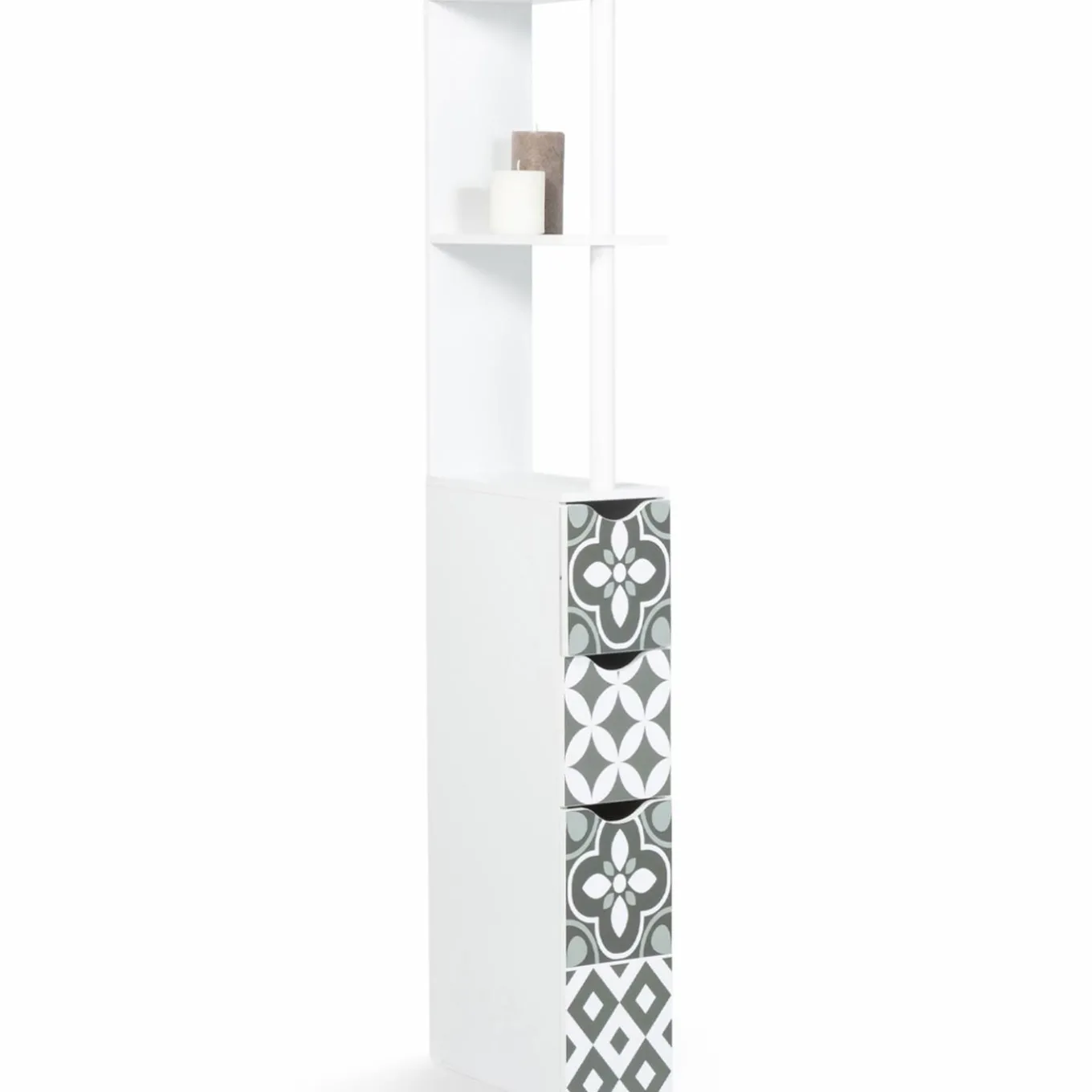 IDMarket Meuble de toilette blanc et gris motif carreaux de ciment 3 portes* Meubles Blancs|Collection Contemporaine