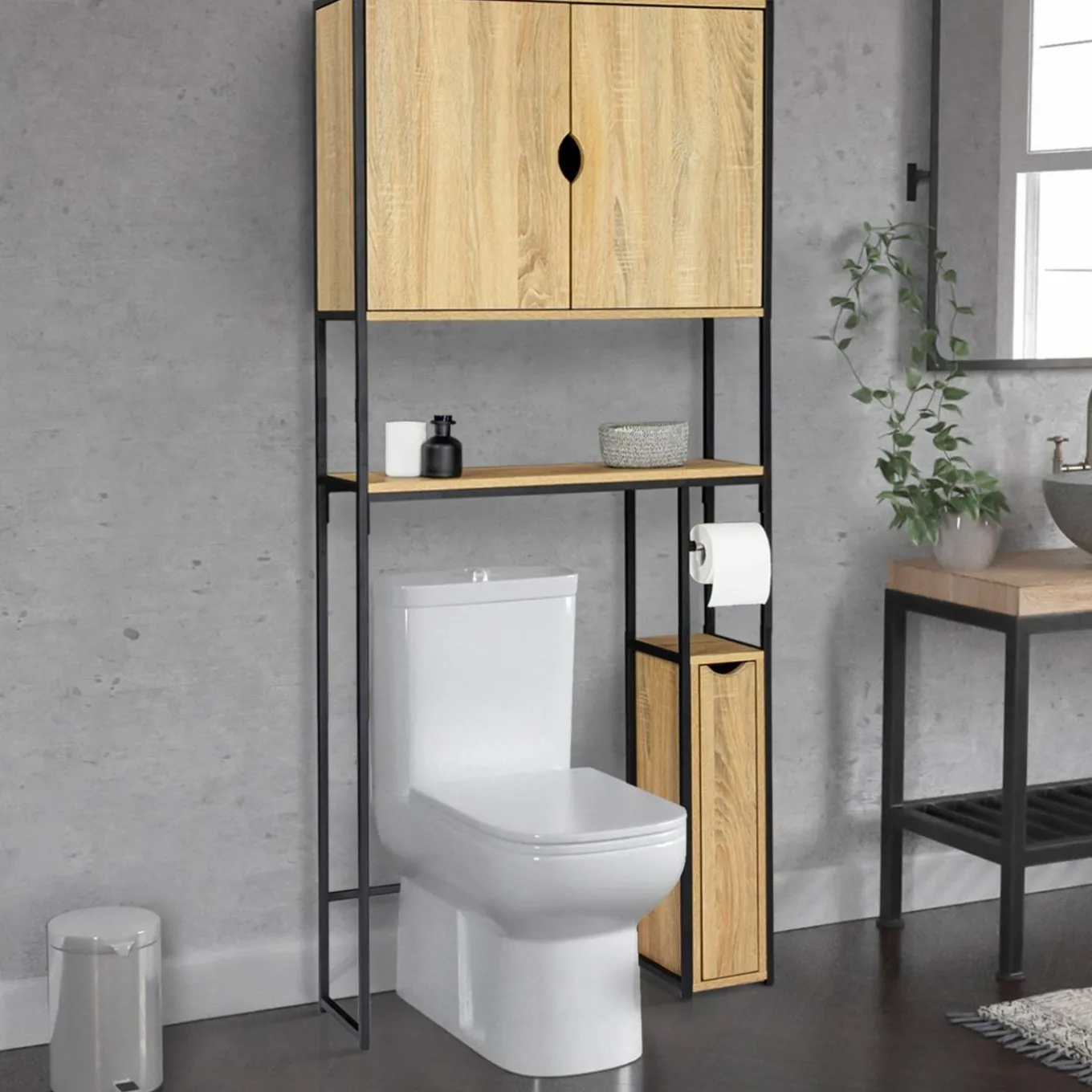 IDMarket Meuble de toilette industriel bois et métal noir armoire de rangement* Meubles En Bois|Collection Industrielle