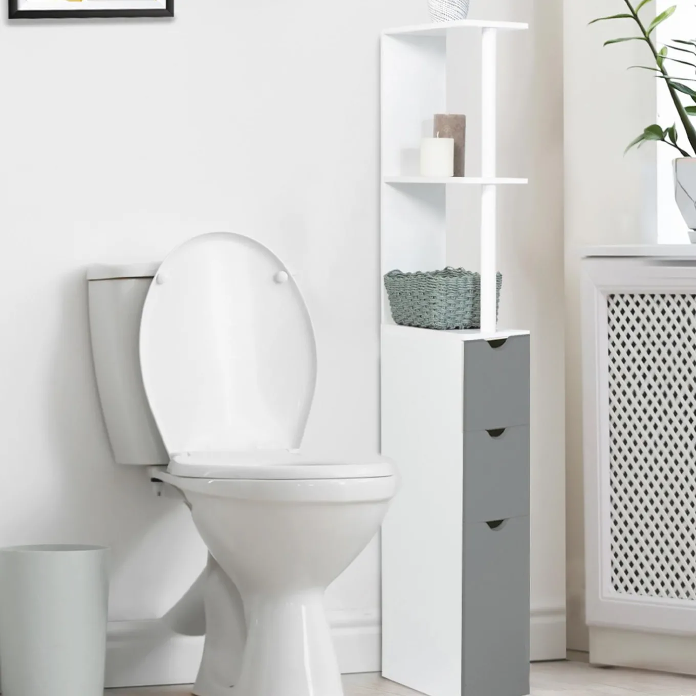 IDMarket Meuble de toilettes étagère bois 3 portes blanc et gris* Meubles Hauts|Collection Contemporaine