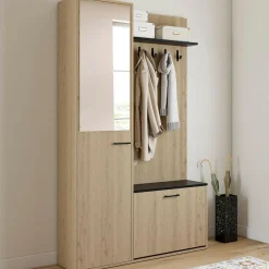 IDMarket Meuble d’entrée vestiaire effet bois et noir avec banc rangement à chaussures, miroir 1 porte et étagères* Meubles Hauts|Collection Design