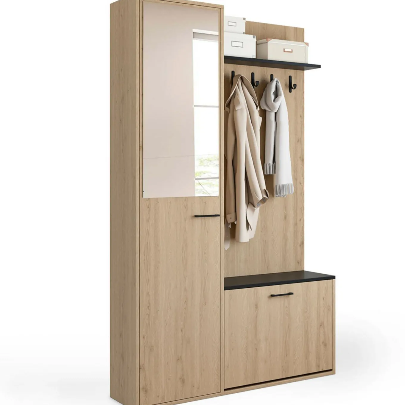 IDMarket Meuble d’entrée vestiaire effet bois et noir avec banc rangement à chaussures, miroir 1 porte et étagères* Meubles Hauts|Collection Design