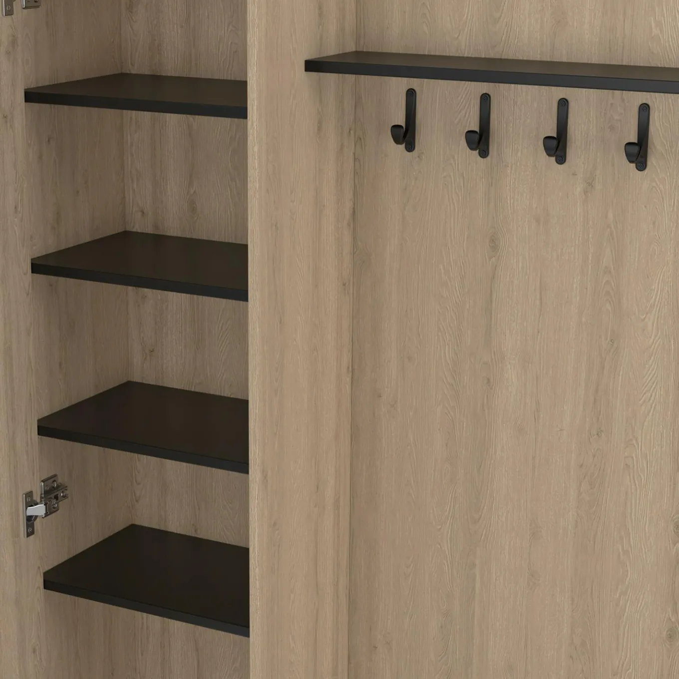 IDMarket Meuble d’entrée vestiaire effet bois et noir avec banc rangement à chaussures, miroir 1 porte et étagères* Meubles Hauts|Collection Design