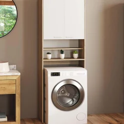 IDMarket Meuble dessus machine à laver blanc et hêtre* Séchoirs À Linge|Collection Contemporaine