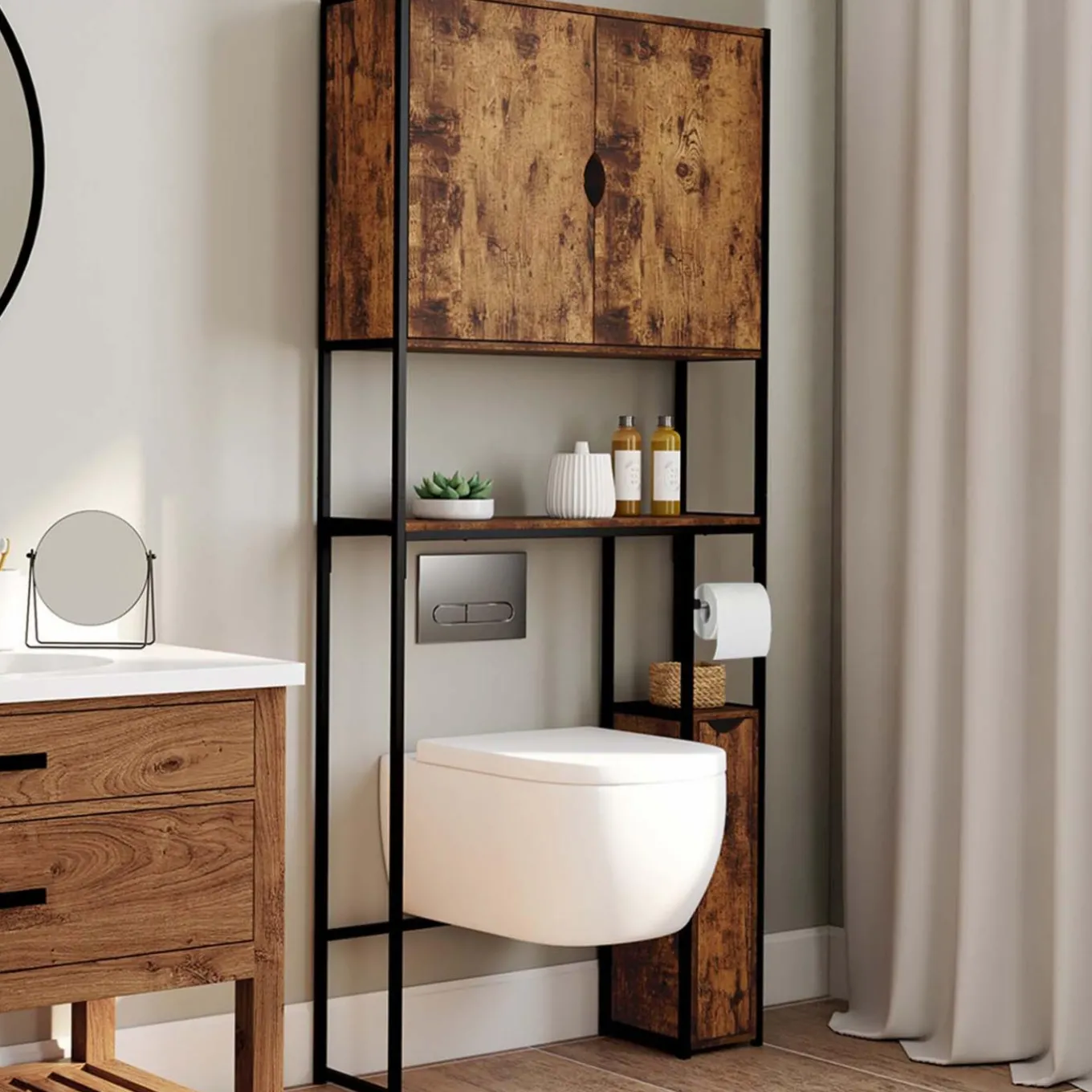 IDMarket Meuble dessus WC industriel avec rangements* Meubles Hauts|Meubles En Bois
