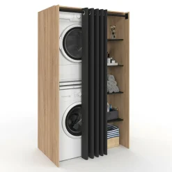 IDMarket Meuble pour buanderie double machine à laver 180 cm hêtre et noir avec rideau coulissant* Séchoirs À Linge|Collection Contemporaine