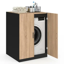 IDMarket Meuble pour machine à laver avec portes noir et hêtre* Rangement Et Accessoires|Séchoirs À Linge