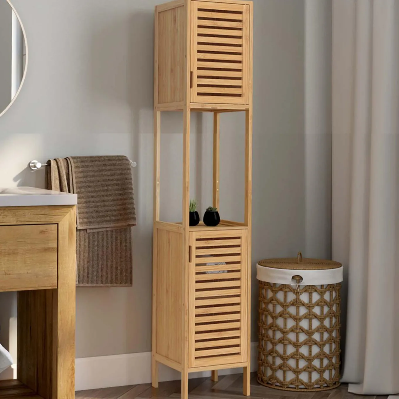 IDMarket Meuble salle de bain colonne bambou 2 portes* Rangement Et Accessoires|Collection Bambou