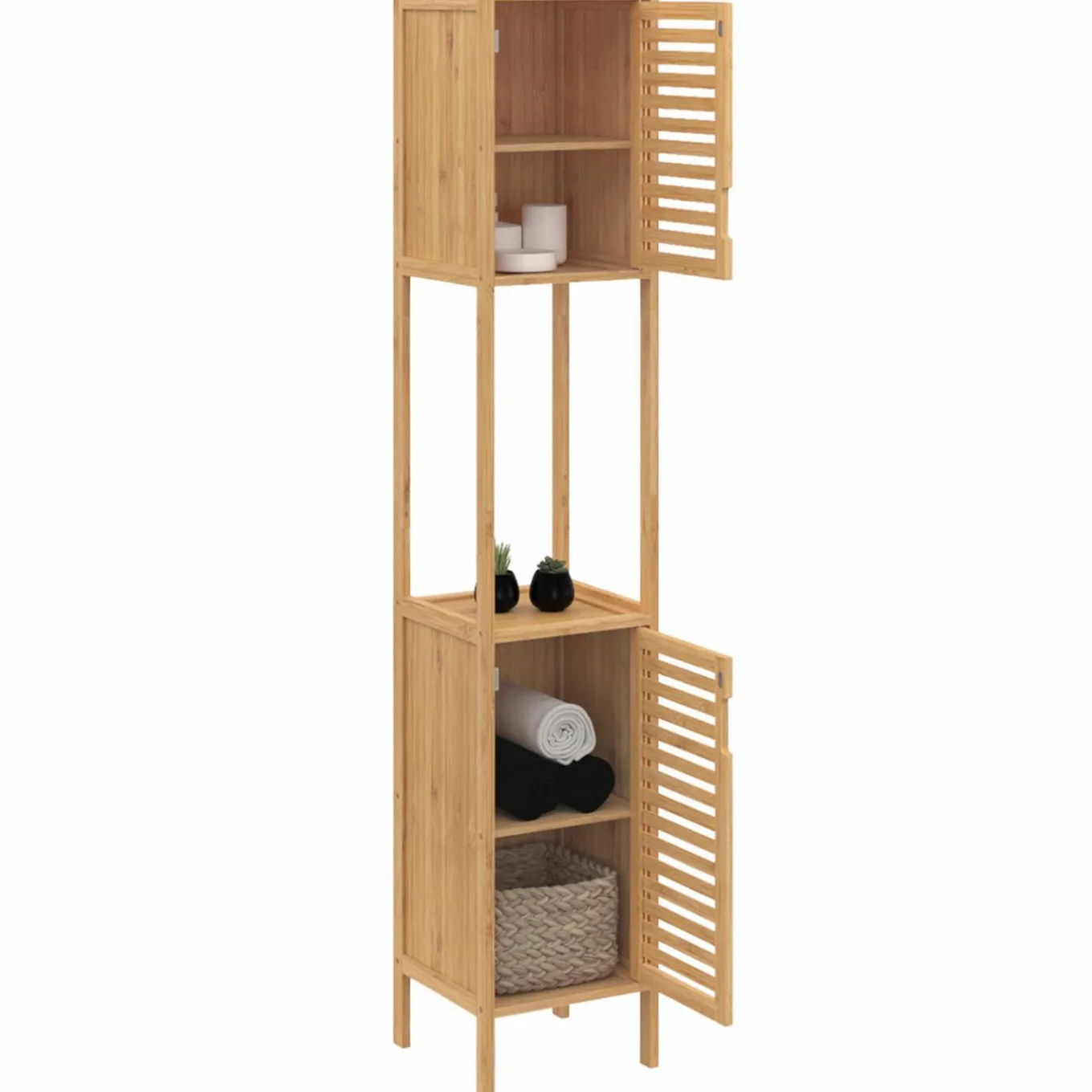 IDMarket Meuble salle de bain colonne bambou 2 portes* Rangement Et Accessoires|Collection Bambou