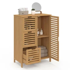 IDMarket Meuble salle de bain en bambou avec placard et 3 tiroirs* Collection Bambou|Meubles Salle De Bain