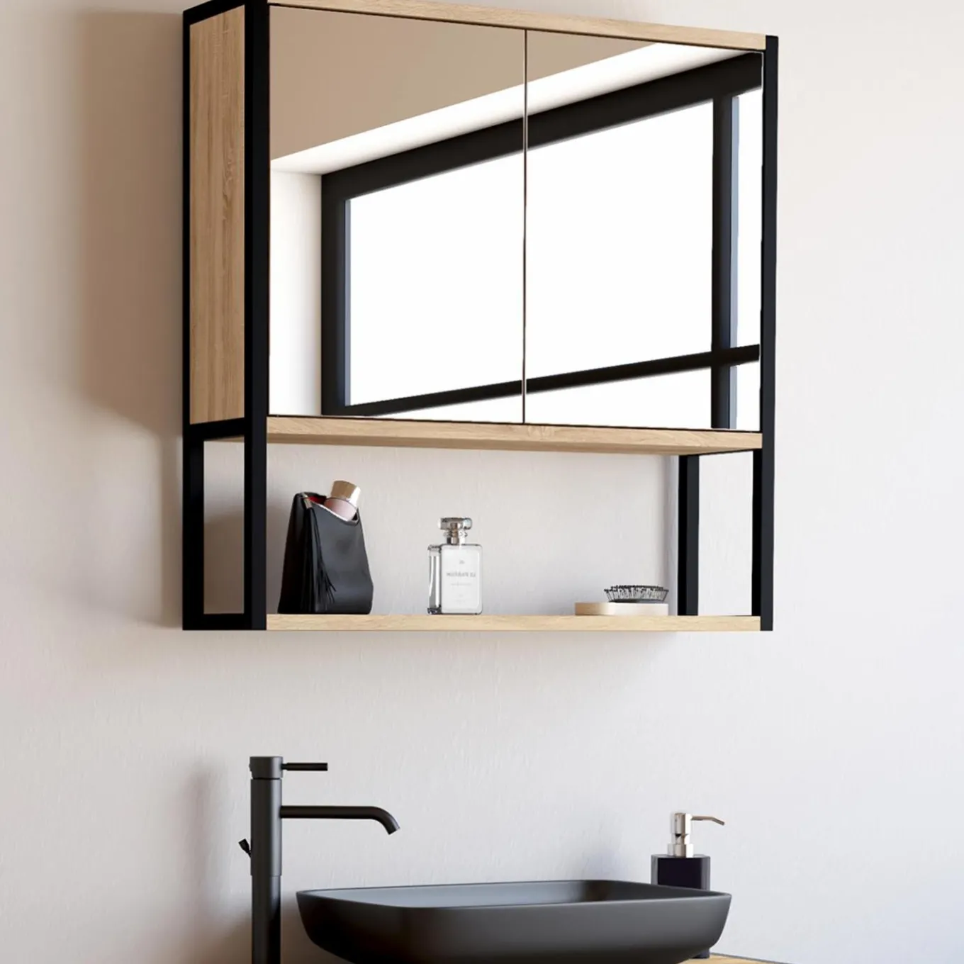 IDMarket Meuble salle de bain suspendu métal et bois* Collection Industrielle|Meubles Salle De Bain