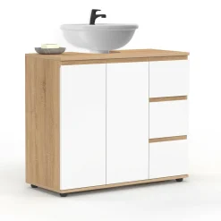 IDMarket Meuble sous lavabo salle de bain avec placard et 3 tiroirs façon hêtre et blanc* Meubles Salle De Bain