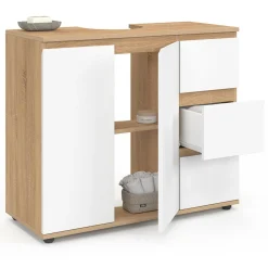IDMarket Meuble sous lavabo salle de bain avec placard et 3 tiroirs façon hêtre et blanc* Meubles Salle De Bain