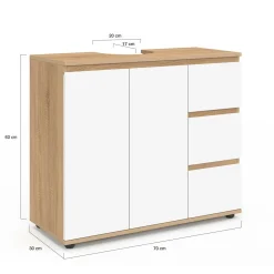 IDMarket Meuble sous lavabo salle de bain avec placard et 3 tiroirs façon hêtre et blanc* Meubles Salle De Bain