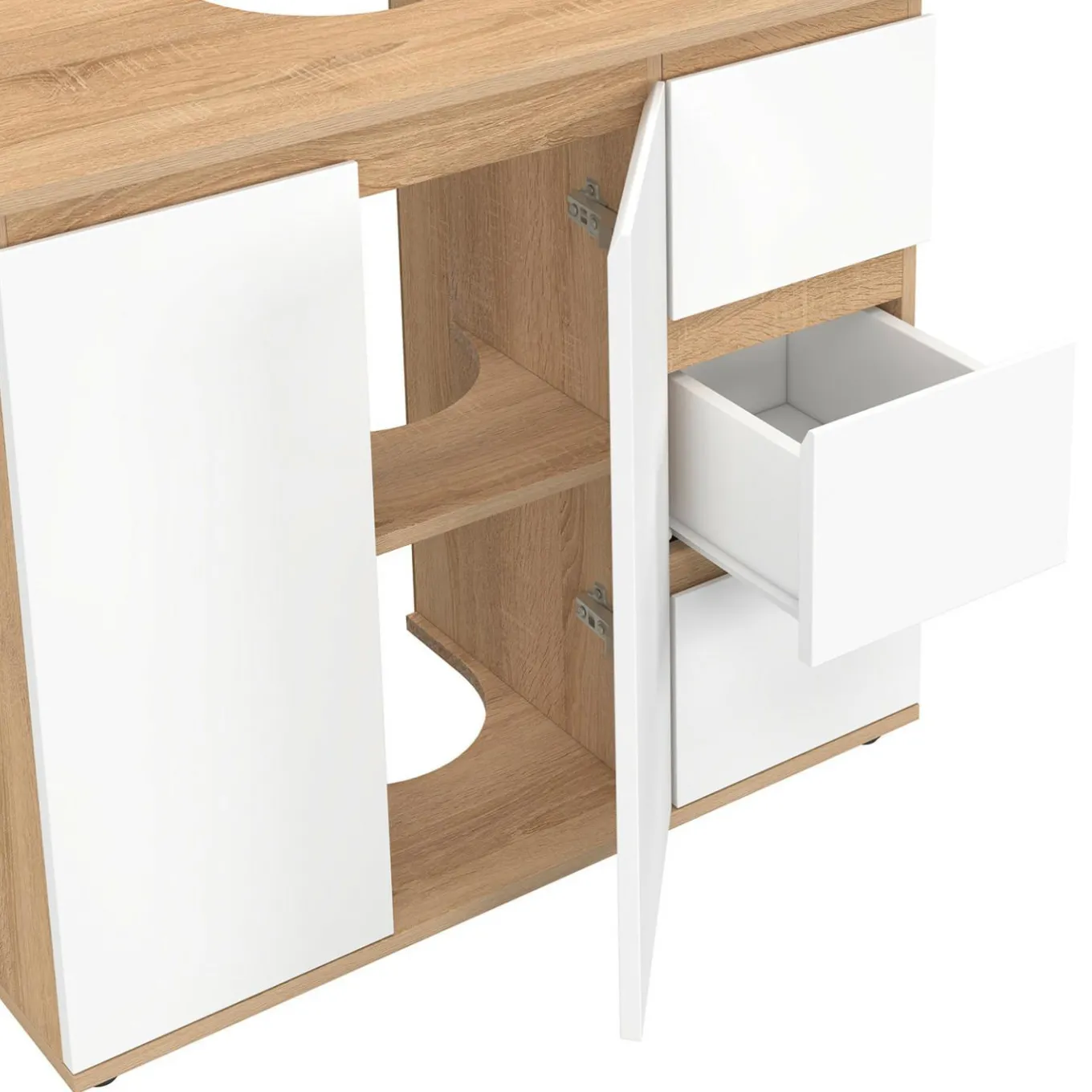 IDMarket Meuble sous lavabo salle de bain avec placard et 3 tiroirs façon hêtre et blanc* Meubles Salle De Bain
