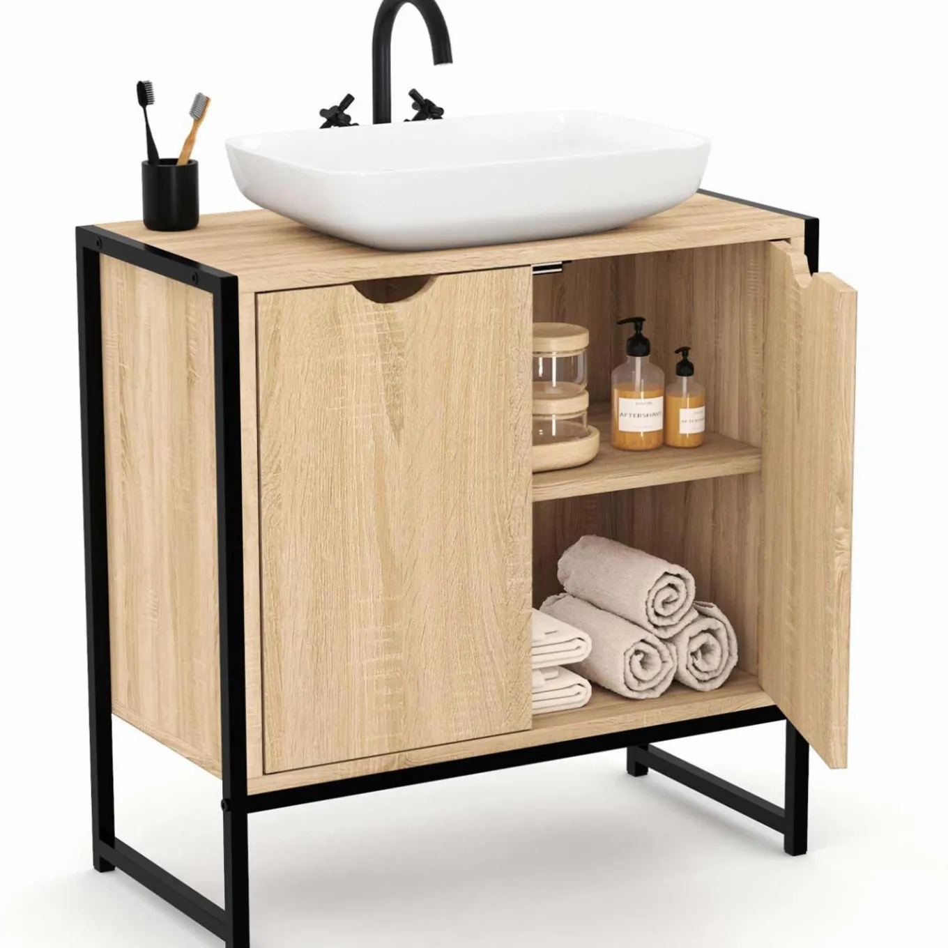 IDMarket Meuble sous lavabo salle de bain métal et bois* Collection Industrielle|Meubles Salle De Bain