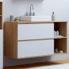 IDMarket Meuble sous vasque suspendu salle de bain 2 tiroirs et 2 niches façon hêtre et blanc* Collection Contemporaine|Meubles Salle De Bain
