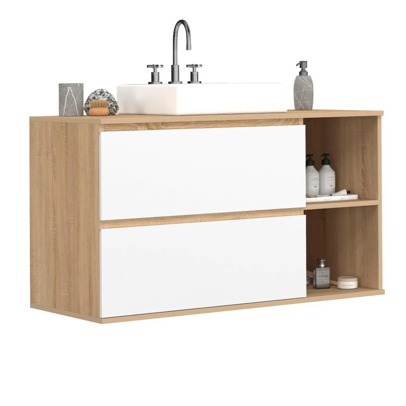 IDMarket Meuble sous vasque suspendu salle de bain 2 tiroirs et 2 niches façon hêtre et blanc* Collection Contemporaine|Meubles Salle De Bain