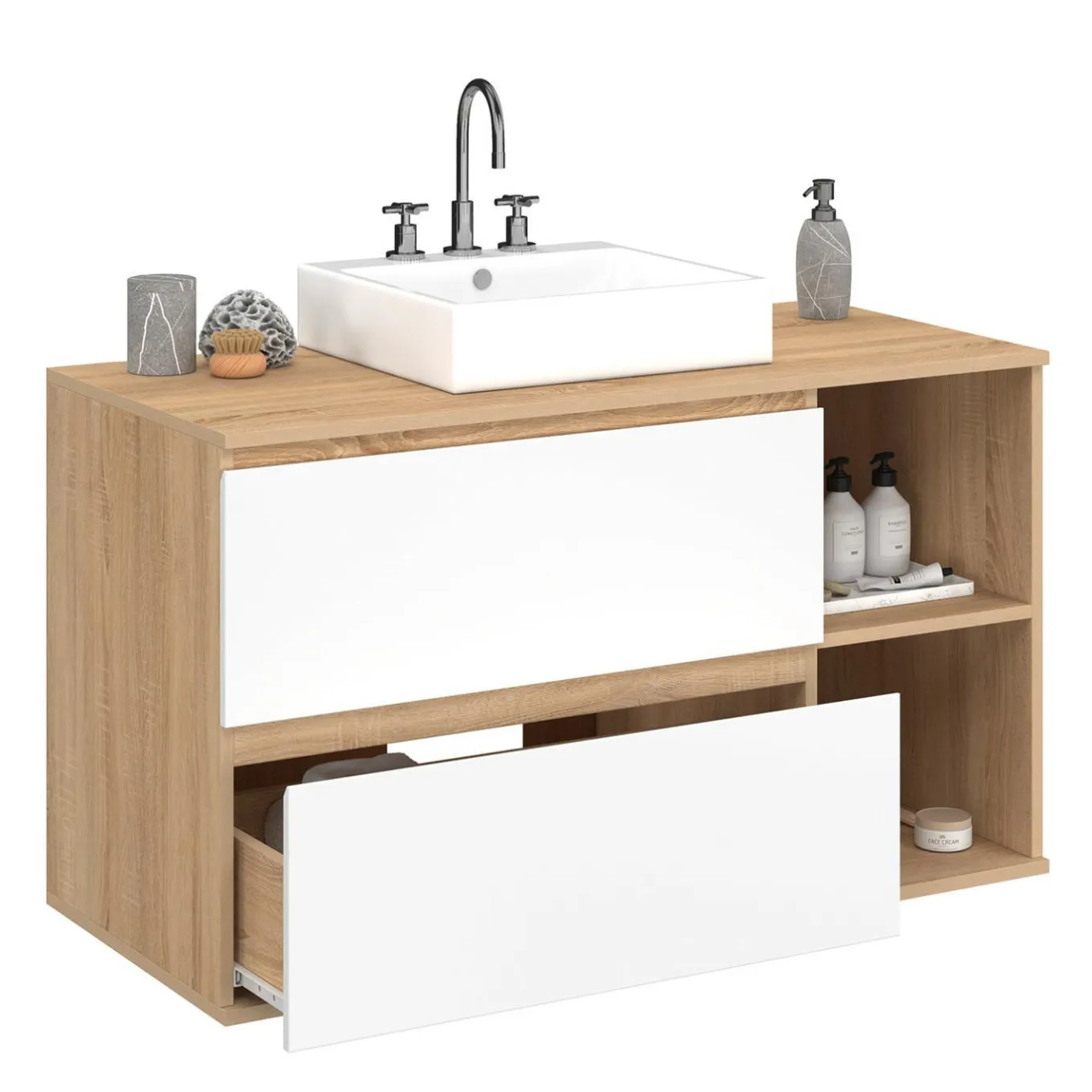 IDMarket Meuble sous vasque suspendu salle de bain 2 tiroirs et 2 niches façon hêtre et blanc* Collection Contemporaine|Meubles Salle De Bain