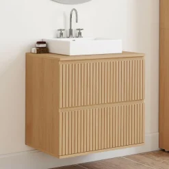 IDMarket Meuble sous vasque suspendu salle de bain 2 tiroirs effet lattes* Meubles Salle De Bain|Collection Moderne