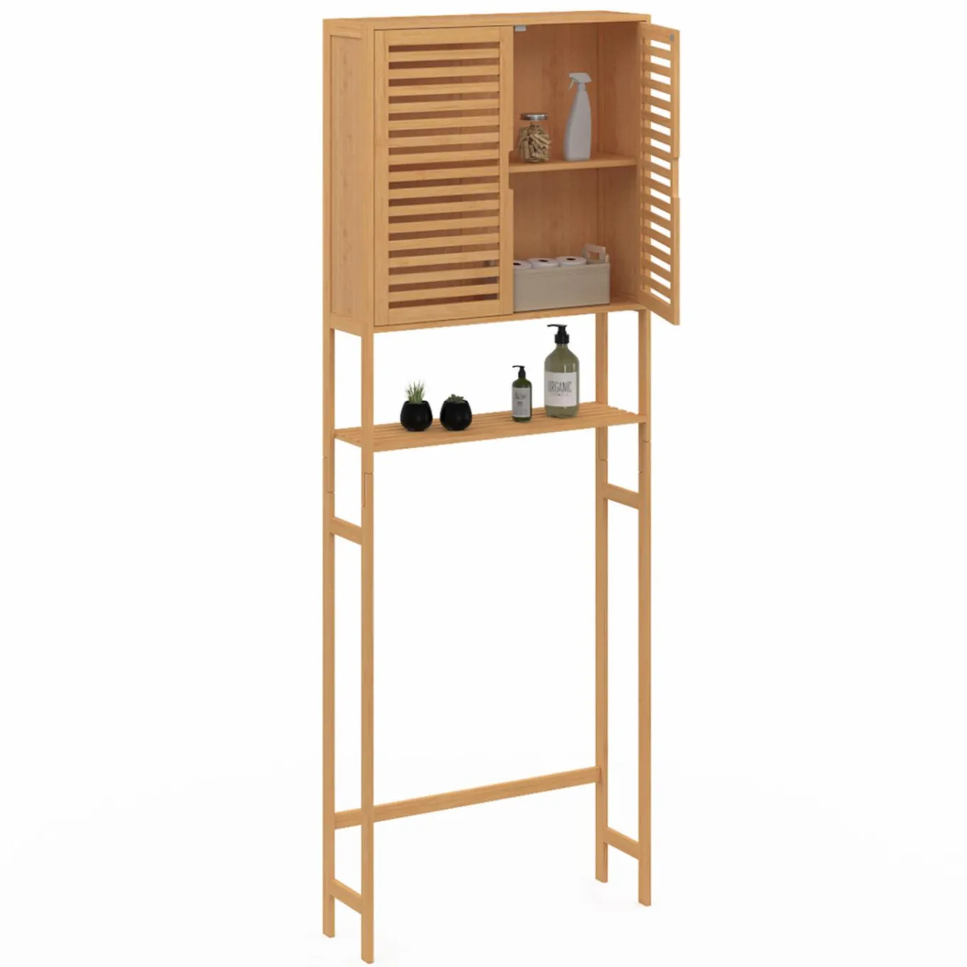 IDMarket Meuble étagère dessus WC en bambou avec placard* Rangement Et Accessoires|Collection Bambou