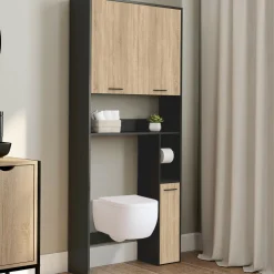 IDMarket Meuble étagère dessus WC noir et bois façon hêtre* Meubles Salle De Bain