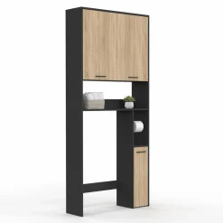 IDMarket Meuble étagère dessus WC noir et bois façon hêtre* Meubles Salle De Bain