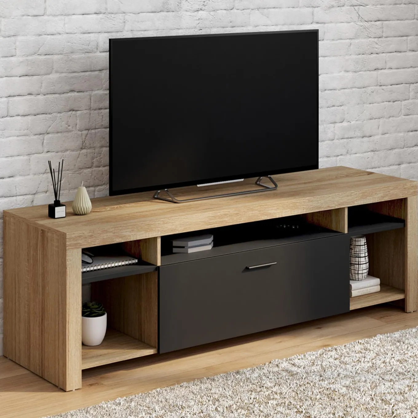 IDMarket Meuble télé 140 cm bois et placard noir* Collection Contemporaine|Collection Design