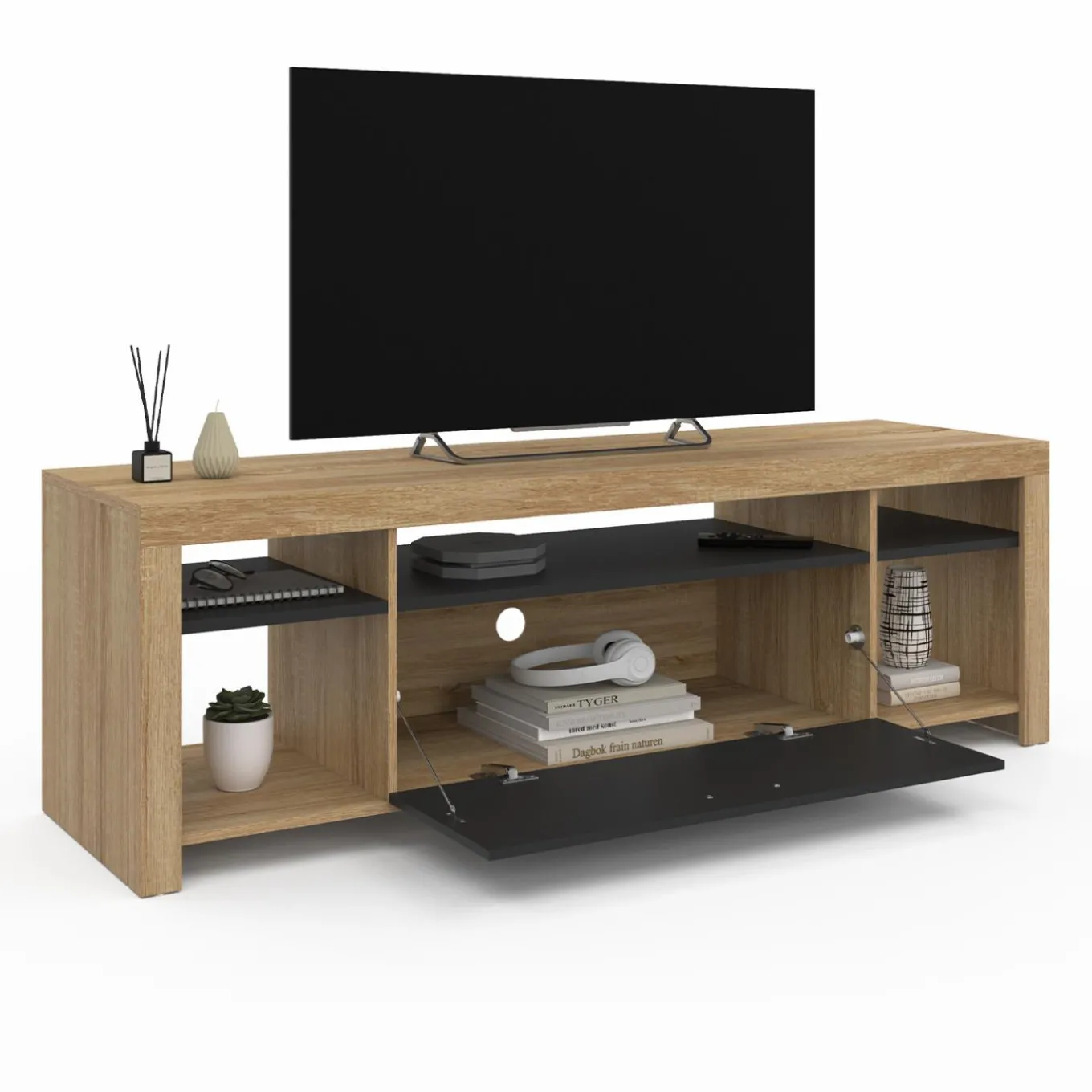 IDMarket Meuble télé 140 cm bois et placard noir* Collection Contemporaine|Collection Design