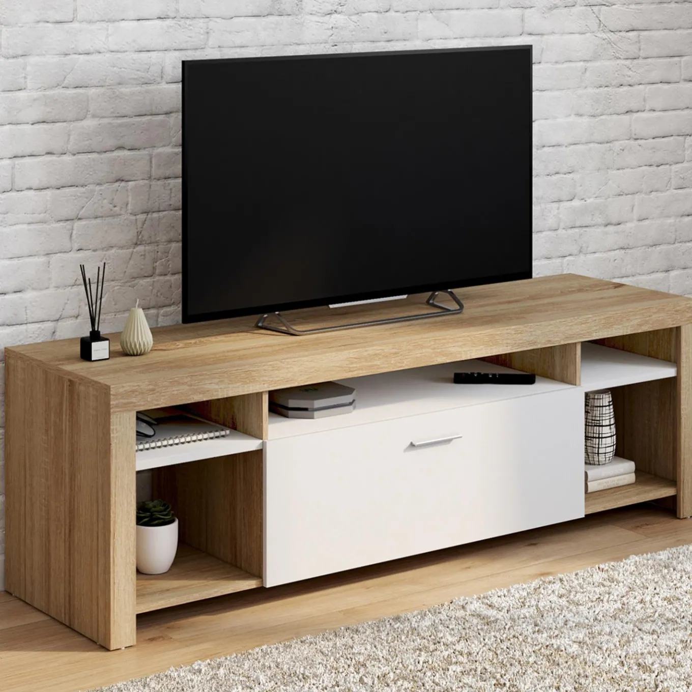 IDMarket Meuble télé 140 cm bois et placard blanc* Collection Design|Collection Contemporaine