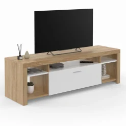 IDMarket Meuble télé 140 cm bois et placard blanc* Collection Design|Collection Contemporaine