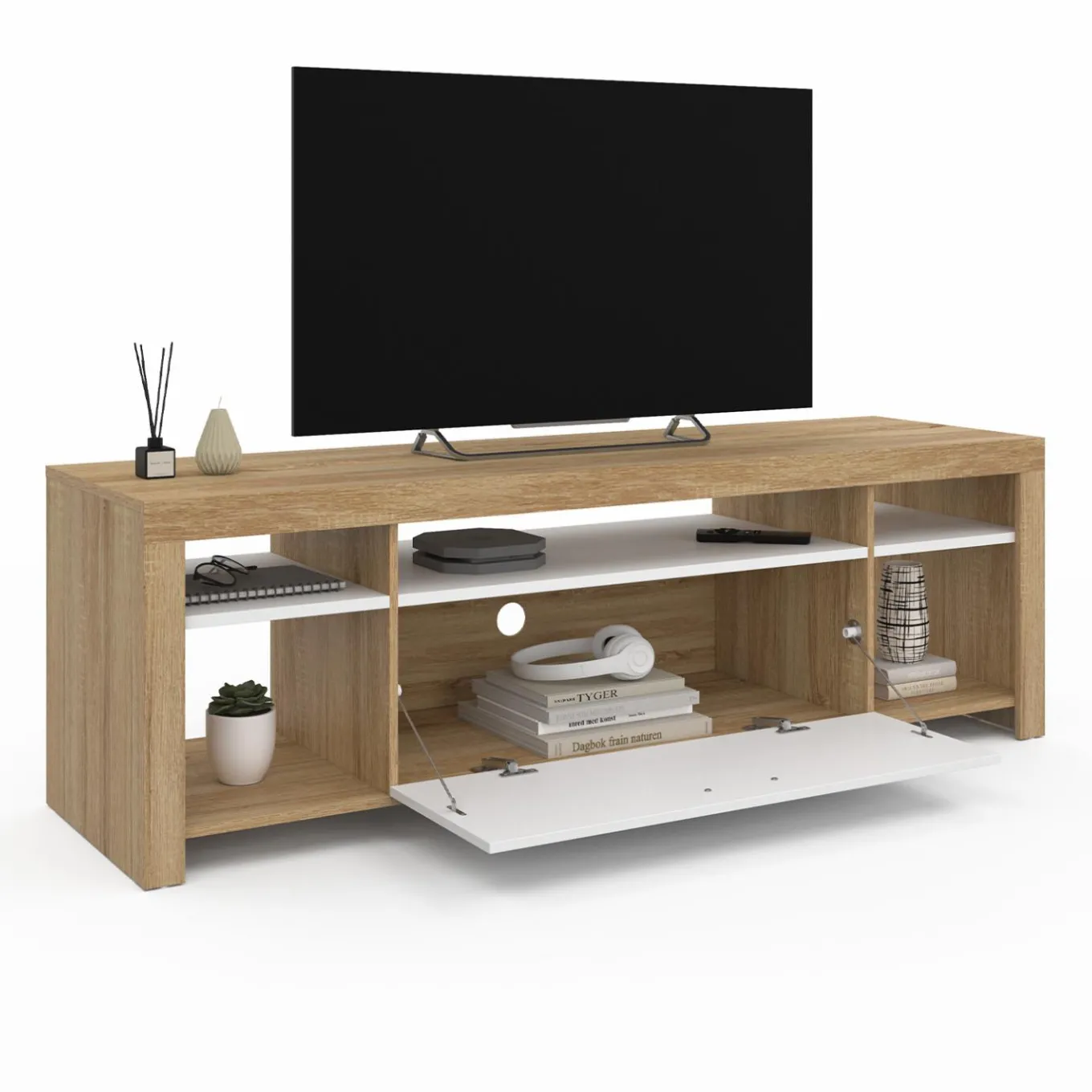 IDMarket Meuble télé 140 cm bois et placard blanc* Collection Design|Collection Contemporaine