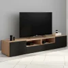 IDMarket Meuble télé 180 cm noir et bois façon hêtre avec rangement* Collection Contemporaine|Meubles Tv