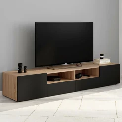 IDMarket Meuble télé 180 cm noir et bois façon hêtre avec rangement* Collection Contemporaine|Meubles Tv