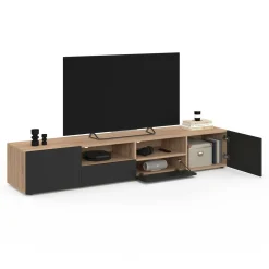 IDMarket Meuble télé 180 cm noir et bois façon hêtre avec rangement* Collection Contemporaine|Meubles Tv