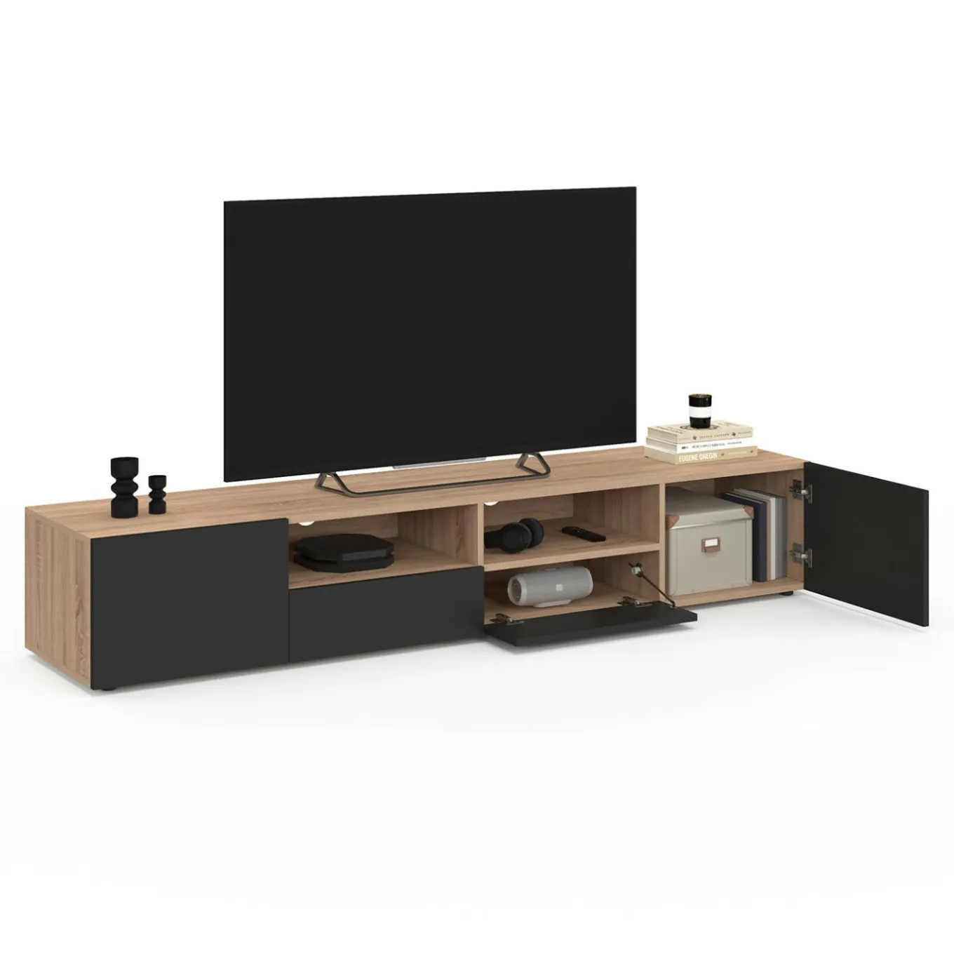 IDMarket Meuble télé 180 cm noir et bois façon hêtre avec rangement* Collection Contemporaine|Meubles Tv