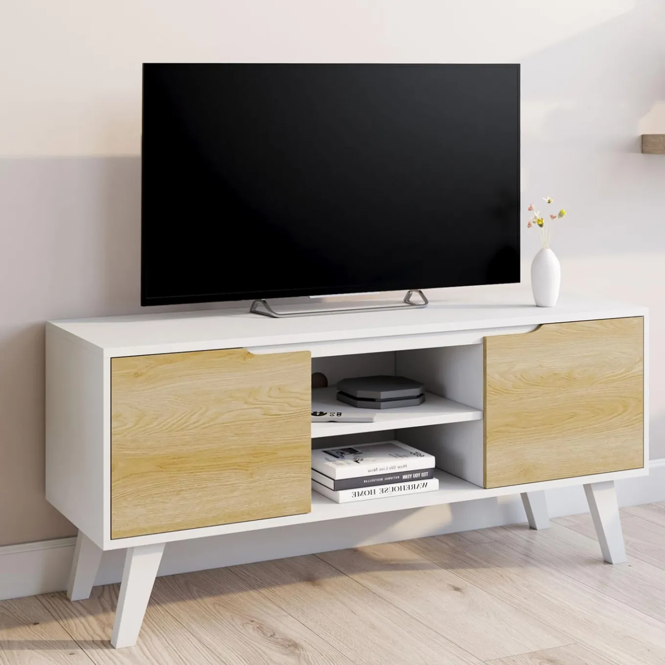 IDMarket Meuble télé bois blanc 2 portes façon hêtre 110 cm* Collection Scandinave|Meubles Tv