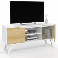 IDMarket Meuble télé bois blanc 2 portes façon hêtre 110 cm* Collection Scandinave|Meubles Tv