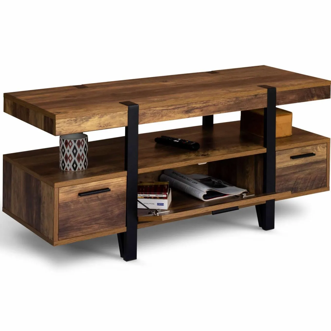 IDMarket Meuble télé bois foncé pied épingle avec tiroirs* Meubles Tiroirs|Collection Vintage