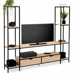 IDMarket Meuble télé bois métal avec étagères et tiroirs* Collection Industrielle|Salon Complet