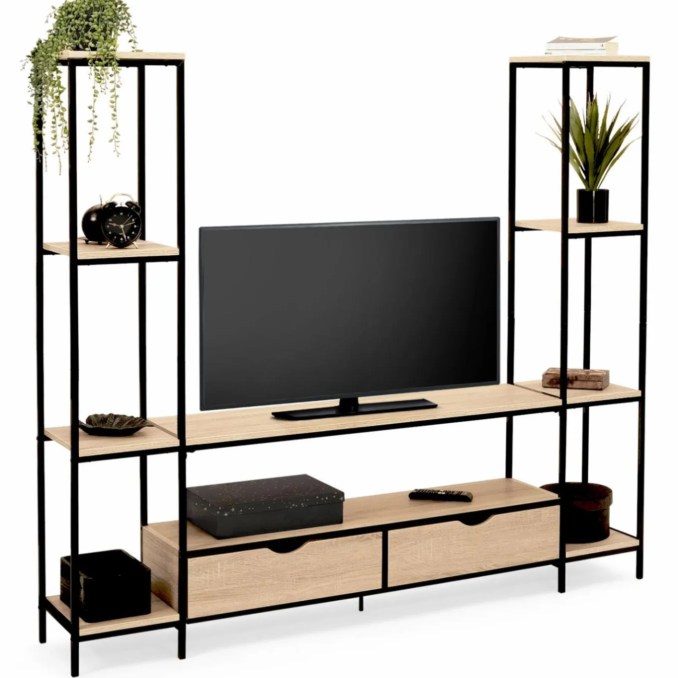 IDMarket Meuble télé bois métal avec étagères et tiroirs* Collection Industrielle|Salon Complet