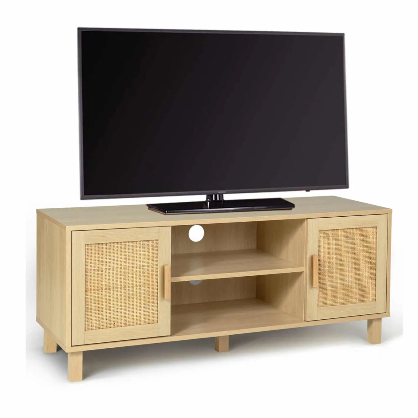 IDMarket Meuble télé cannage et bois clair avec étagères* Meubles En Bois|Collection Cannage