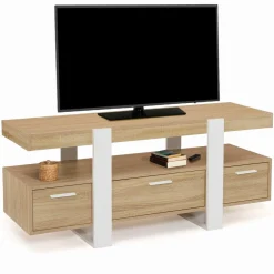 IDMarket Meuble télé design blanc et bois avec tiroirs* Meubles Tiroirs|Collection Design