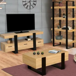 IDMarket Meuble télé design noir et bois avec rangement* Meubles Tiroirs|Meubles Bas