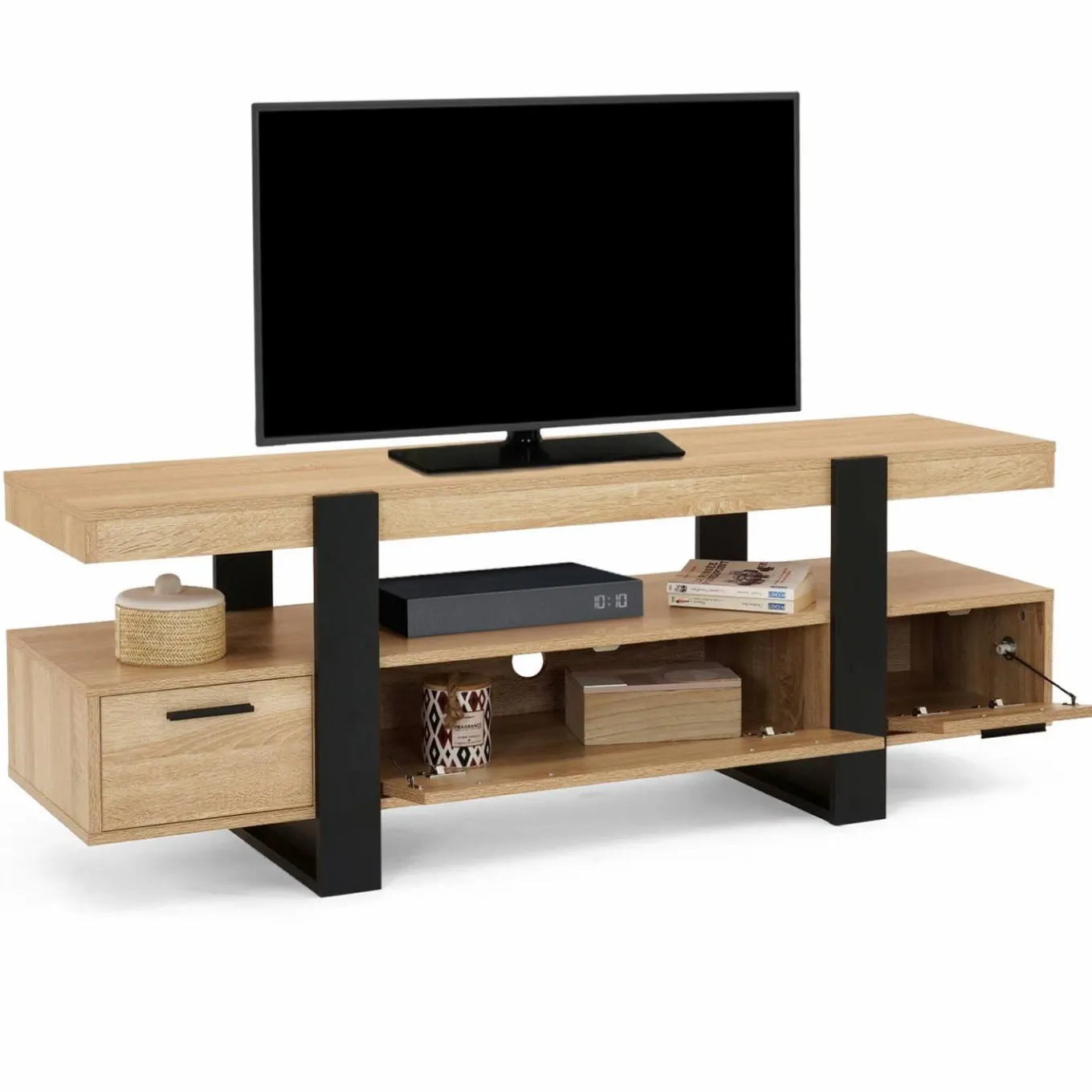 IDMarket Meuble télé noir et bois 140 cm avec 3 tiroirs* Meubles Tiroirs|Collection Design