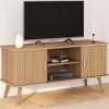 IDMarket Meuble TV 110 cm avec 2 portes effet lattes tasseau bois* Meubles Tv