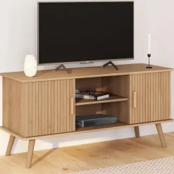 IDMarket Meuble TV 110 cm avec 2 portes effet lattes tasseau bois* Meubles Tv