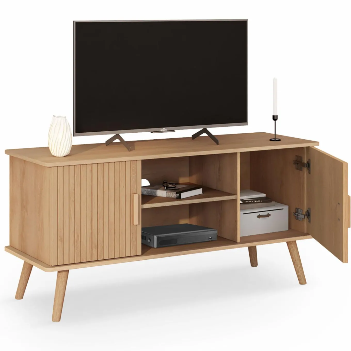 IDMarket Meuble TV 110 cm avec 2 portes effet lattes tasseau bois* Meubles Tv
